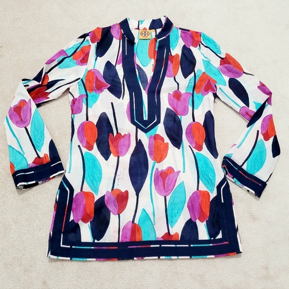 Tory Burch Tunic Top Size S Multicolor Floral Print 100% Cotton Boho Popover - Picture 6 of 15